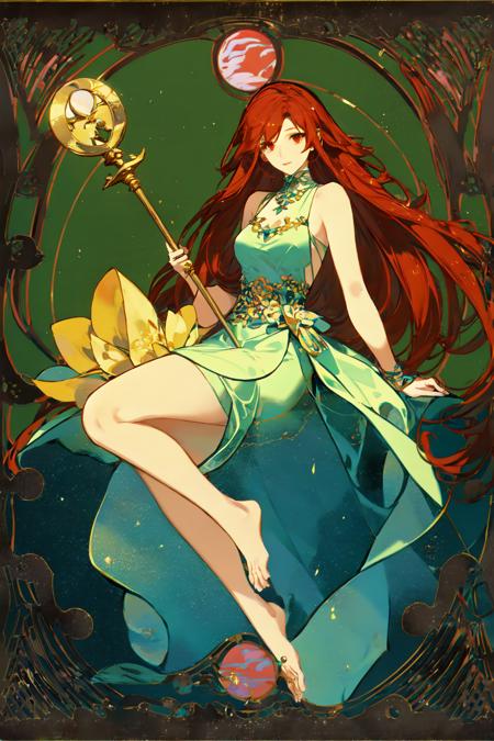 <lora:Tarot Card Style-000005:1> Tarot Card,1girl, red hair, solo, long hair, red eyes, barefoot, staff, dress, full body, art nouveau, retro artstyle, white dress, water, circlet, hair rings, crescent, very long hair, jewelry, art nouveau, art by alphonse mucha