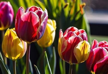 macro photo, close-up, masterpiece, 4k, ray tracing, intricate details, highly detailed, hyper realistic, 8k RAW editorial photo.
red, pink, yellow, blue, white tulips,lit by the sun, dramatic light, shallow depth of field,