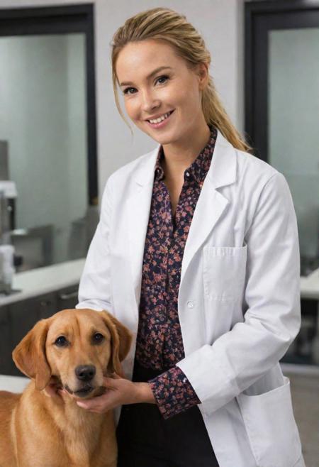 Veterinary clinic, Canadian veterinarian, 35 years old, nurturing face, attending to animals in a bustling Toronto animal clinic.  examining a small dog, long and honey-blonde hair, ineat bun. Her eyes, warm and empathetic, her lips curved in a soothing, engaging smile.
slender, nurturing build. (crisp, fitted lab coat) over a (light, patterned blouse) and (comfortable slacks), her outfit is both professional and subtly charming. 
 8k uhd, dslr, soft lighting, film grain, Fujifilm XT3, high quality photography, 3 point lighting, flash with softbox, (Highest Quality, masterpiece, Amazing Details:1.1), cinematic, 8k, (goosebumps:0.5), subsurface scattering, ((skin pores)), (detailed skin texture), (( textured skin)), realistic dull (skin noise)