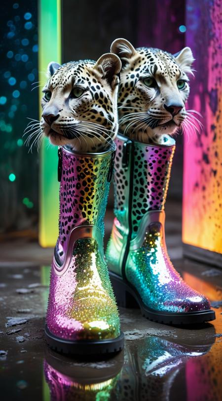 Mirror-furred leopards, baking a sumptuous feast, Northern lights aurora, freezing with biting chill, dynamic holographic hues, narrow angle focused shot, boots on the ground shot, brutalism raw concrete focus, flexible silicone mold, sequined costume sparkles, fractured composition, color splash emphasis.