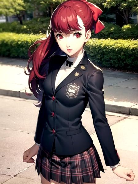 masterpiece, best quality, 1girl, solo, dskasumi, red hair, long hair, ponytail, red eyes, hair bow, shuujin academy uniform, school uniform, blazer, pleated skirt, standing, outdoors, park, detailed background, soejima shigenori
<lora:dskasumi-v2:1> <lyco:p5-anime_style_lc:0.65>