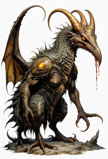 full body, lineart, concept art, a misshapen, beefy slug-like monster stands on a tentacle-like foot, glowing eyes, vulture's beak  with big teeth, spits poisonous saliva, watercolor wash, approaching perfection, pure form,  minimalistic, unfinished, concept art by Brian Froud and Carne Griffiths, intricate details, 8k post production, high resolution, hyperdetailed, trending on artstation, sharp focus, studio photo, intricate details, highly detailed, by greg rutkowski<lora:xl_more_art-full_v1:0.5>
dungeon and dragon , fantasy,  detailed_eye_model, white background, red olive brown yellow