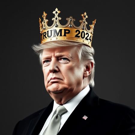 Donald Trump wearing a crown with "Trump 2024" text