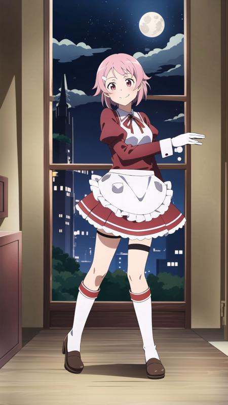 lisbeth, 1girl, solo, short hair, skirt, hair ornament, red eyes, gloves, long sleeves, ribbon, pink hair, pleated skirt, boots, hairclip, white gloves, pink eyes, armor, apron, red ribbon, neck ribbon, thigh strap, red skirt, brown footwear, frilled skirt, white apron, freckles, breastplate