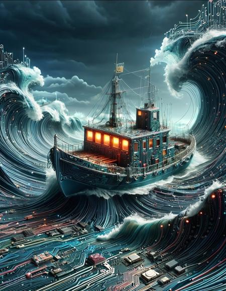 classicism style  wm_cyber. a violent ocean made of circuits, small boat on the wave. storm clouds, lightning, bioluminescent glow, <lora:Cybernetic_Style_-_World_Morph:1.0> <lora:DetailTweakerXL:1.0>