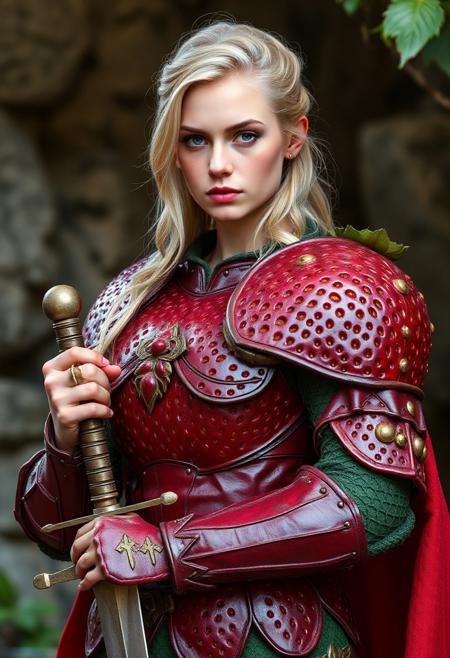 A fair maiden ready to protect the fruit realm. Her pale skin and blonde hair contrast with the bright red of her strawberry plate armor. The enchanted maroon berry's skin and achene protect the heroine against blows, cuts and fire. She wears a green weaved tunic under the armor. She clinches her leaf armor firmly  holding a sword in her other hand.