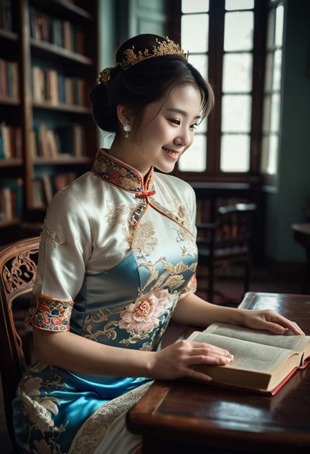 Young woman reading a book in a prvate queen library, look at viewer, brunette hair cascading over her shoulders, vivd colors  and soft whites, 
wearing (qipao, satin dress, short dress). (Antique royal gown:1.2) with intricate embroidery, lace collar, and gold accents, worn by a regal queen, her posture elegant and poised, mood relaxed,
looking at viewer, smiles a little, 
lighting natural light streaming through a nearby window, perspective over-the-shoulder, texture soft wool sweater and glossy wooden table.
shallow depth of field, vignette, highly detailed, high budget, bokeh, cinemascope, moody, epic, gorgeous, film grain, grainy,