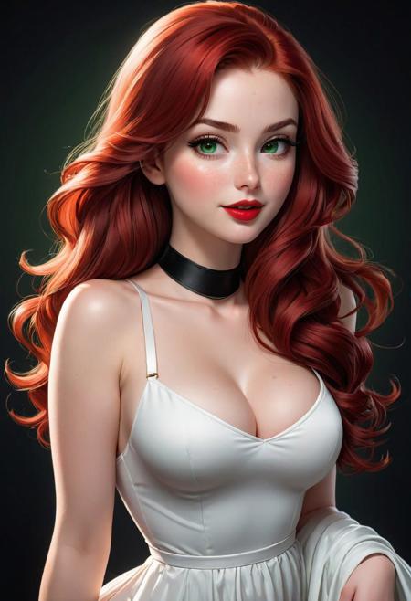 (score_9, score_8_up, score_8:1.2), (1girl, solo, masterpiece, 8k, HDR,), beautiful young mother, (pale white skin:1.2), freckles, blushing, (red long hair:1.2), green eyes, red lipstick, dark eyeliner, choker, smug smile, looking at viewer, small breasts, tight waist, slim feminine body, big hips, round ass, cute, eyelashes, character concept art of a beautiful woman posing, white transparent tight dress, cleavage, extremely sexy, seductive, comic book art, dark black background
