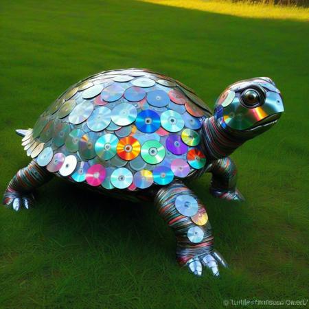 turtle made of cd's, Turtle Sculpture, CD Discs, Recycled Art, Colorful Reflective Surface, Creative Design, 3D Art Installation, Environmental Art, Upcycled Materials, Nature-Inspired, Artistic Composition, Playful Appearance, Shimmering Effect, Textured Shell, Eco-Friendly Artwork, Whimsical Style