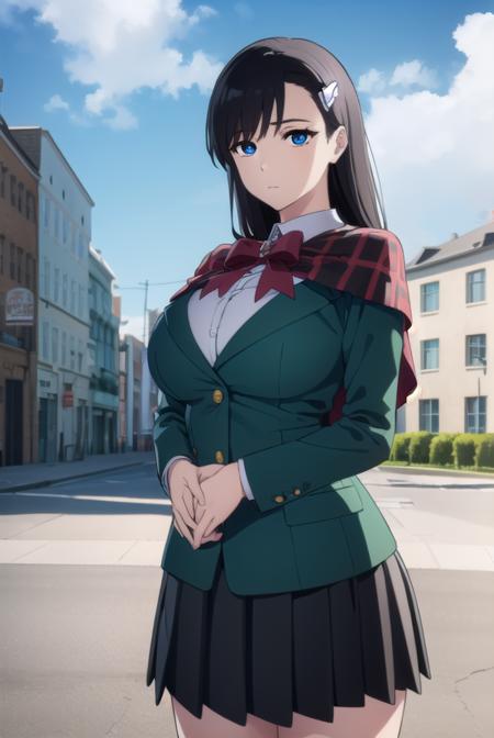 noelniihashi, <lora:noel niihashi anime-lora-nochekaiser:1>,
noel niihashi long hair, blue eyes, black hair, hair ornament, hairclip, (large breast:1.2),
BREAK skirt, shirt, long sleeves, bow, school uniform, jacket, white shirt, pleated skirt, collared shirt, bowtie, red bow, plaid, capelet, blazer, green skirt, green jacket,
BREAK outdoors, city, sun, sky, clouds,
BREAK looking at viewer, (cowboy shot:1.5),
BREAK <lyco:GoodHands-beta2:1>, (masterpiece:1.2), best quality, high resolution, unity 8k wallpaper, (illustration:0.8), (beautiful detailed eyes:1.6), extremely detailed face, perfect lighting, extremely detailed CG, (perfect hands, perfect anatomy),