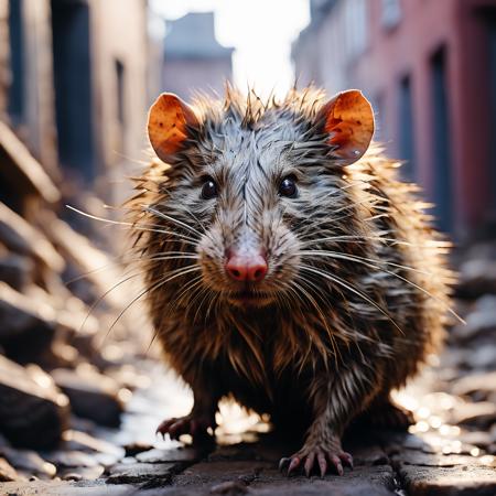 highly detailed documentary photo of giant rat:1.3,

open mouth, looking at viewer, blurry, blurry background, portrait, animal focus, whiskers, realistic

masterpiece, best quality:1.1, 

ultra photoreal, photorealistic:1.0, sharp focus:1.1, 
depth of field:1.1, 

50mm, style of Nathan Wirth, Hasselblad X1D II, Porta 160,
