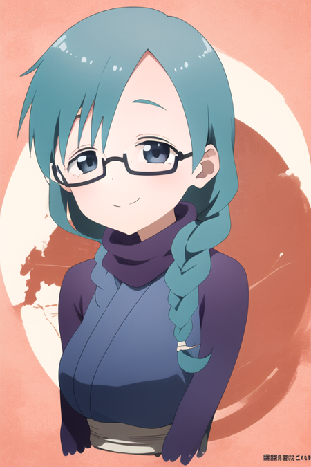 masterpiece, best quality, Mizubasho, 1girl, blue eyes, blush, glasses, blue hair, braid, semi-rimless eyewear, smile, solo, looking at viewer, upper body, japanese clothes, smile,