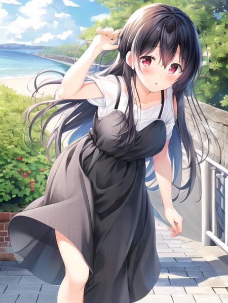 best quality, masterpiece, highres, detailed, perfect anatomy,  <lora:Detail - add_detail:0.2>,  <lyco:Clothing - SummerDress:0.8>, SummerDress, white shirt, black dress, white shirt under black dress, outdoors,  <lora:Character - Hoshimi:0.6>, Hoshimi, black hair, long hair, red eyes, blush, medium breasts,