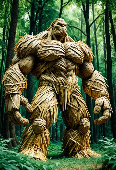 score_9,score_8_up,score_7_up, The image depicts a towering, muscular golem, seemingly composed of straw, entirely made of straw, standing majestically amidst a lush, verdant forest. Its form is robust and imposing, with broad shoulders and powerful limbs, intricately detailed with organic-like straw textures. the view emphasizing the grandeur of the forest guardian. The surrounding environment is in natural light, filtering through the dense canopy, creating a mystical and fantastical atmosphere.  <lora:1:1>