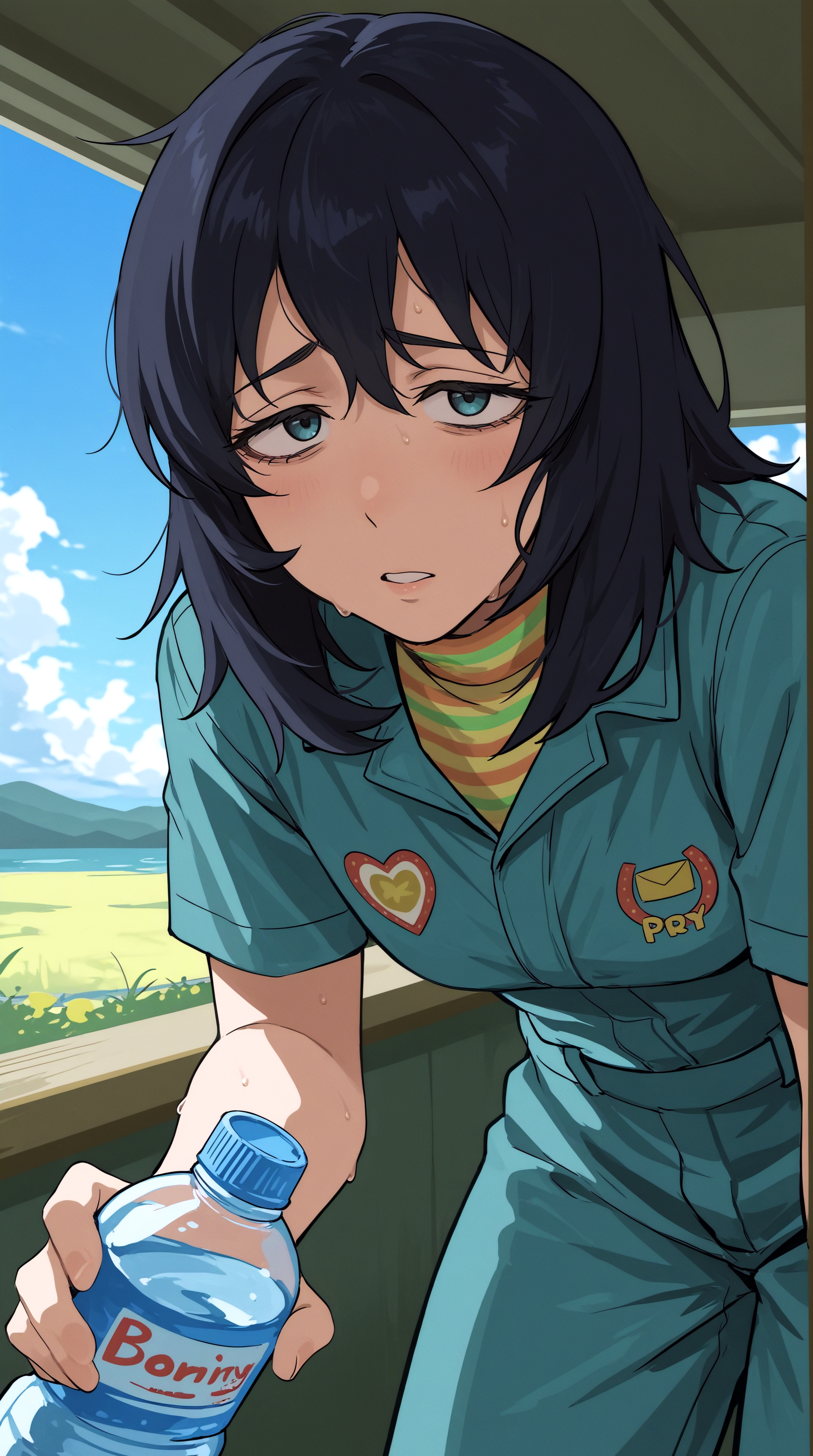 A tired looking woman with short, dark blue hair and blue eyes. She is wearing a teal uniform with a yellow and green striped shirt underneath and two patches on her chest. She is sweating and holding a blue plastic water bottle in her right hand, which is extended towards the viewer. The background shows a bright, sunny day with a clear blue sky and a green landscape, including a grassy field and distant hills. 