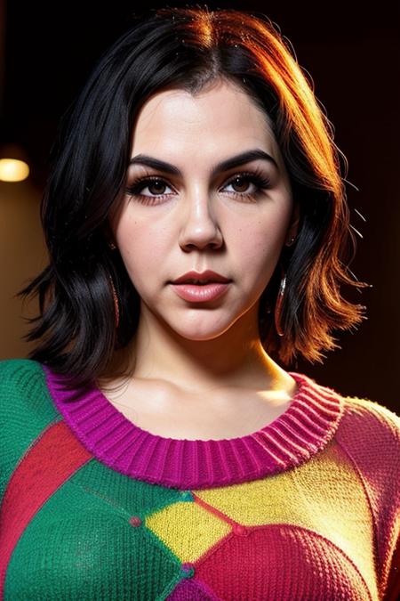 closeup portrait photo of vltnppi in a colorful sweater for maxim magazine, squinting, indoor studio lighting