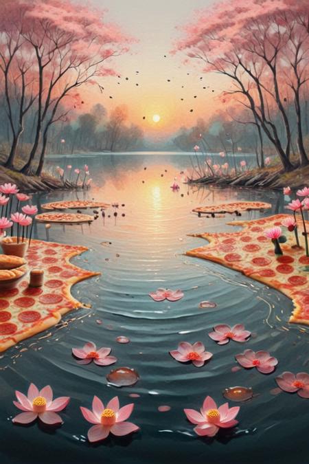 ink scenery, no humans, lake, trees, sunset, muted colors, blooming branches with pink flowers, flowers fall on the water, lotus flower on the water, lake in the middle of the forest <lora:Pizza_World_Morph_SDXL:1.5> pizzasdx