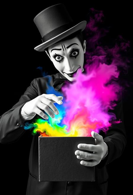 "Image of a mime, dressed in traditional black and white attire, opening a small mysterious box. The entire scene is rendered in black and white, with no hint of color anywhere. But as the mime lifts the lid of the box, a burst of vibrant, beautiful colors erupts from within. The colors are a riotous mix of pinks, blues, yellows, and greens, swirling and dancing in the air like a living thing. The mime's face is a picture of surprise and wonder, their eyes wide with amazement as they gaze at the colors that should not exist in this monochrome world. Style: surreal, dreamlike, and fantastical, with a focus on capturing the mime's shock and delight at the unexpected burst of color." Absurdres Highest-Quality, 4k