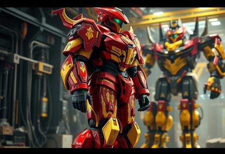 A majestic super armored mecha robot in red and yellow plating with ornate gold accents, black visor, black backpack, black gloves, black boots. Standing tall and proud, head slightly tilted, observing. Epic scale futuristic machine assembly line background. Dynamic isometric view, highly detailed, intricate, captivating cinematic lighting, Octane render, Unreal Engine 5, trending on Artstation, CGSociety, matte painting, splash ink illustration, 4k, Golden Ratio, impeccable composition.