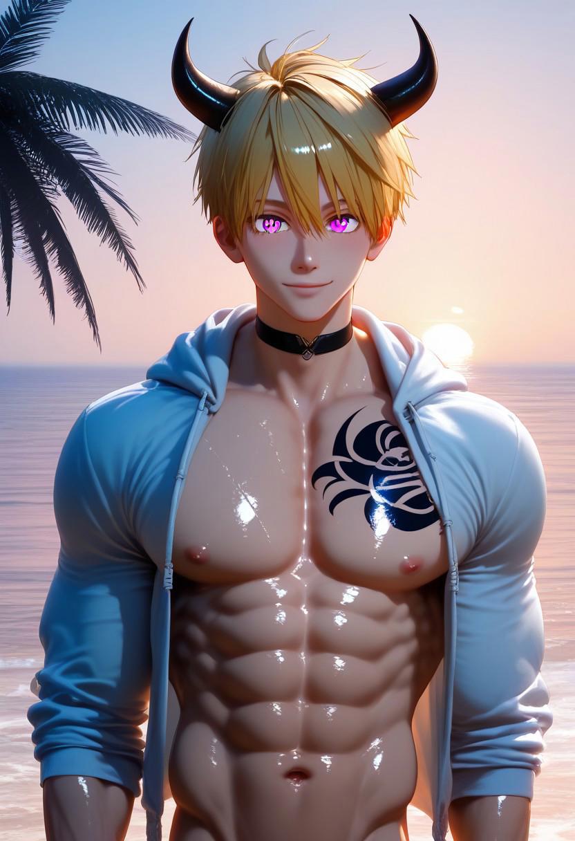 muscular slender boy with blonde hair and purple eyes and neon short horns , male focus,  solo, anime face, handsome, cute face, thin lips, toned body:1.2, hyper detailed skin, beautiful detailed body,ultra-detailed hair, wide shot, cowboy shot, glistening, body blush, perfect anatomy, [bara:yaoi:0.8], 
BREAK  abs, veiny, pink nipples, single navel, open hood, open clothes, hoodie,open hoodie,shirtless, ocean,  groped chest by another, pov hands, palm trees, seductive smile, lots of details, choker, black tattoo on chest, proud expression, sunset, 
BREAK single eyelids, perfect eyes:1.3, perfect hands, hyper detailed eyes, detailed pupils, short hair style, anime hair style, okappa hair,  tsurime:1.2, aroused, 
BREAK score_9, score_8_up, score_7_up, masterpiece, best aesthetic, aesthetic, displeasing, best quality, great quality, perfect flat shading, muscular shadow, 8k, 4k, highres, absurdres, clear picture, clear outline, intricate details, countershading:1.1,ambient occlusion,