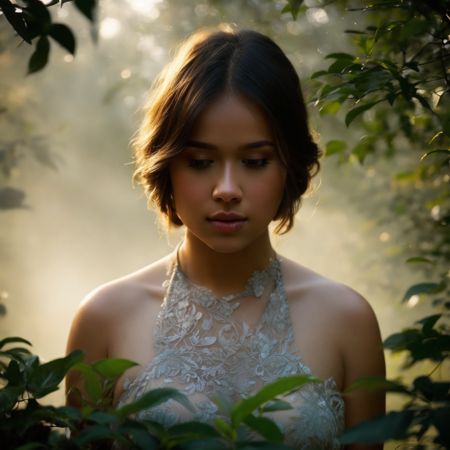 Rebecca Klopper,  in the jungle, 1girl, closeup, foggy, bokeh, evening, light bloom, masterpiece, best quality, photograph, dreamlike, face focus, intricate details, sharp focus, photography, photorealism,  large breasts, photorealistic, soft focus, volumetric light, (****), (intricate details), (hyperdetailed), high detailed, lot of details, high quality, soft cinematic light, dramatic atmosphere, raytracing, 