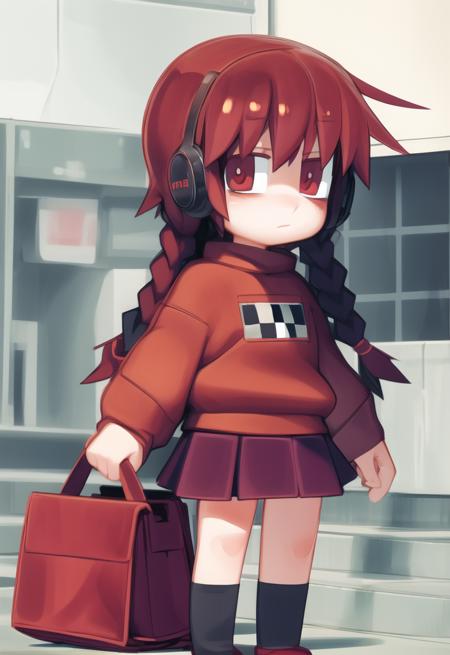 <lora:madotsuki-18:0.8> madotsuki, pink sweater, logo, skirt, red eyes, bags under eyes, <lora:wamudrawsLoCON:1.5>