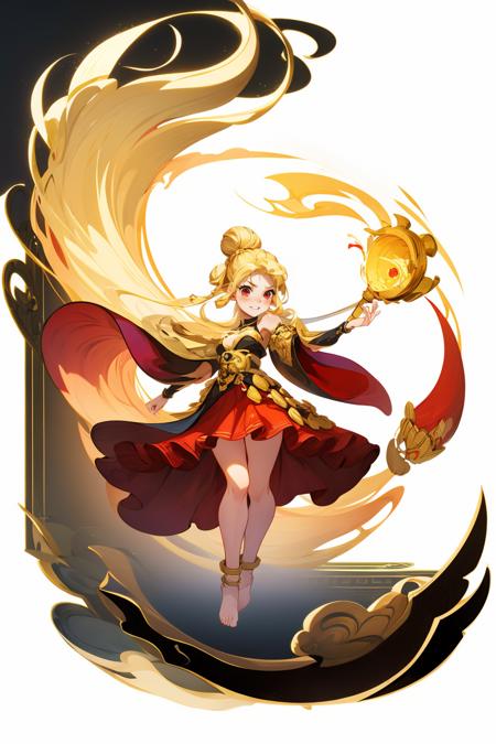 masterpiece,best quality, highres. absurdres, anatomy, white background, xiyou, 1girl, solo, full body, long hair, double black bun, lotus hair bun, red eyes, blush, looking at viewer, golden neck guardbare shoulders, blonde tube top, white yarn sleeve, blonde skirt, blonde cloak, bare legs, golden ankle, holding a blue lotus