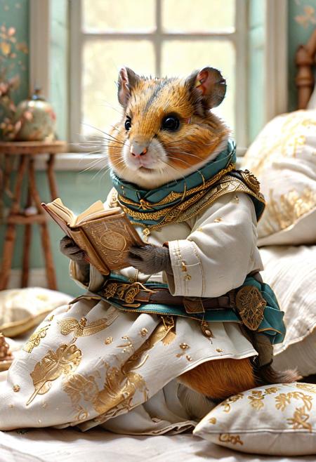 charming conceptual illustration of a  Dzungarian hamster wearing an adventurer's, sitting peacefully on a child's bed, soft lighting, delicate texture, dreamy atmosphere, pastel tones, matte finish, wide frame, Yuko Shimizu, Marc Brunet, Joshua Middleton, children's illustration, highly detailed, trending on artstation, fluffy, smooth, digital art, clear focus
