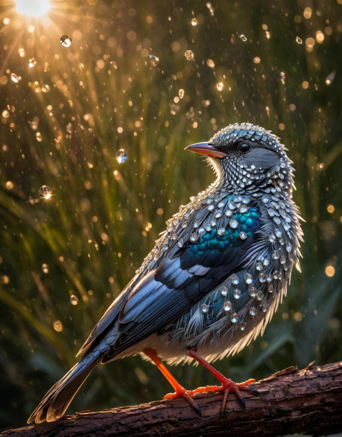 A blue and white bird with iridescent feathers standing in the rain.