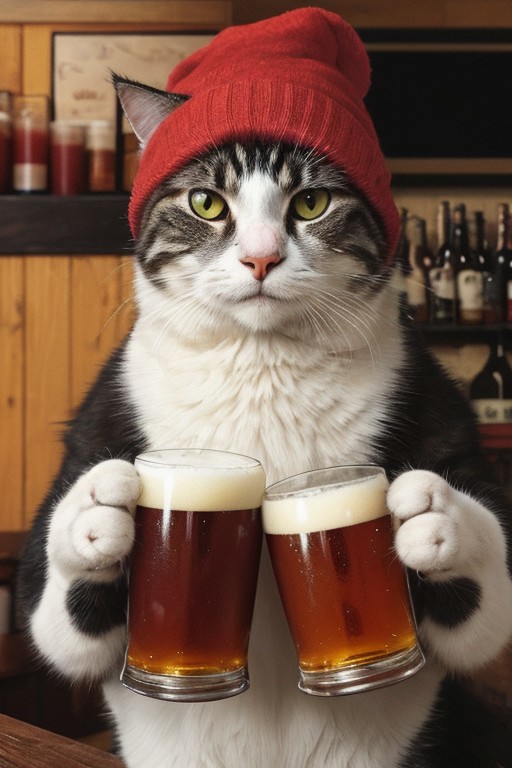 Beer-drinking Cat, Red Beer, Wearing beanie,
