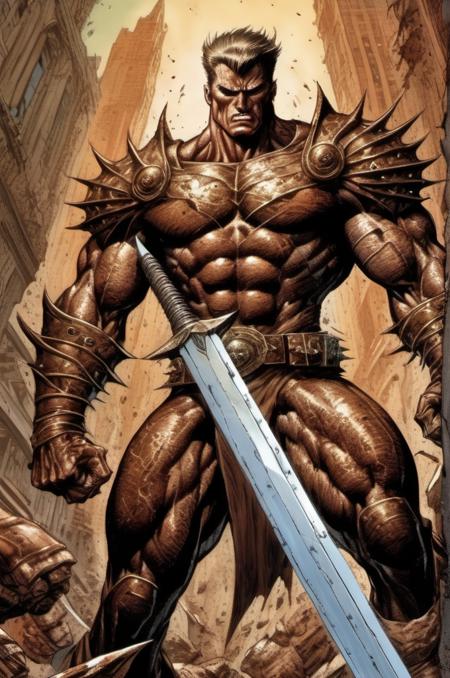 Depict a towering, musclebound man clad in detailed brown armor, possessing the sheer force necessary to unleash earth-shattering tremors, as he brandishes a massive sword as tall as himself. Create this image using the medium of digital art, channeling the dynamic and exaggerated proportions found in comic book illustrations by artists like Jack Kirby or Jim Lee. Bathe the scene in a strong, contrasting light source, highlighting the character's powerful muscles and intricate armor details. Utilize a color scheme with a dominant presence of warm browns, muted golds, and subtle hints of earthy greens. Frame this awe-inspiring figure with a worm's-eye view, using a fisheye lens to add a sense of depth and drama to the composition.  ,
 <lora:Marc Silvestri Style:1> Marc Silvestri Style 
 <lora:Marc Silvestri Style:1> Marc Silvestri Style