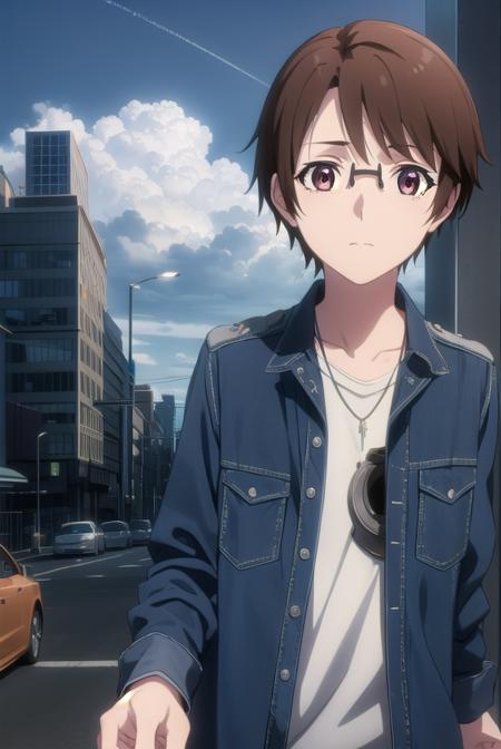 soutamizushino, <lora:souta mizushino s1-lora-nochekaiser:1>,
souta mizushino, brown hair, (brown eyes:1.3), male focus, glasses,
BREAK shirt, jewelry, necklace, uniform, pocket, pants, black pants,
BREAK outdoor, city, night, sky, buildings, moon, clouds,
BREAK looking at viewer, (cowboy shot:1.5),
BREAK <lyco:GoodHands-beta2:1>, (masterpiece:1.2), best quality, high resolution, unity 8k wallpaper, (illustration:0.8), (beautiful detailed eyes:1.6), extremely detailed face, perfect lighting, extremely detailed CG, (perfect hands, perfect anatomy),