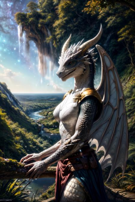 RAW photo, bright white god dragonborn, male, long white spiky hairstyle, horns, beautiful wings, solo, scales, tail, upper body, closed mouth, 8k uhd, dslr, soft lighting, high quality, film grain, Fujifilm XT3, hard focus, imposing, looking directly at camera, (galaxy and milky way background:1.2), (dreamy and lush forest:1.2), (waterfall, sea:1.1), (masterpiece, best quality:1.2), art by greg rutkowski <lora:dragonborn_offset:1>, <lora:more_details:1>, <lora:epi_noiseoffset2:0.3>