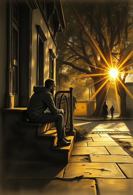 A striking ultra-HD charcoal drawing depicting a person with contemplative expression sitting on old house steps, gazing at a tree-lined street bathed in late afternoon golden light.  Long shadows stretch across the ground. The style is chiaroscuro, with intense lens glow lighting, brutal dark monochrome color scheme, and ultra-realistic detail in a 4K resolution.