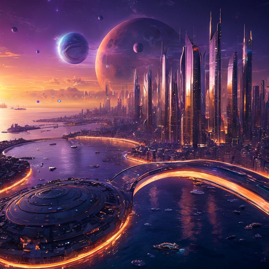 A futuristic city floating above a vast ocean, with metallic skyscrapers reflecting the soft glow of the setting sun. The buildings have sleek, curved designs, and glowing bridges connect the towers. Below, the water shimmers with bioluminescent waves, and glowing drones zip through the air. The sky is a gradient of orange and purple with distant planets visible in the background.