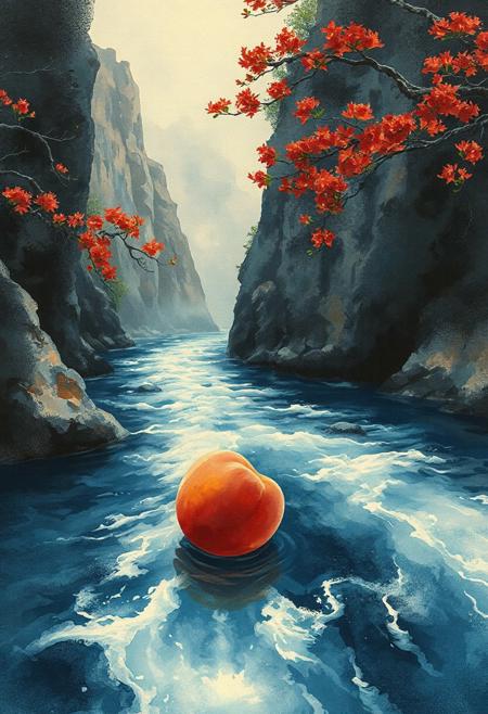 The peach flows backwards down a great river and floats on its surface.
Japanese art style, Japanese ink painting, 
best quality, sharp focus, high contrast, colorful, ultra quality, 8k, best quality,