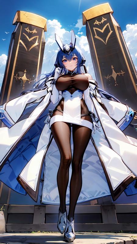 1girl, breasts, long hair, solo, gloves, very long hair, bodystocking, full body, white gloves, blue hair, coat, headgear, dress, coat on shoulders, pantyhose, high heels, white dress, bangs, standing, blue eyes, smile, white coat, elbow gloves, covered navel, open coat, hair between eyes,<lora:NewJerseyVRerun:0.8>, ussnewjersey, blue sky, sky background, clouds, water,