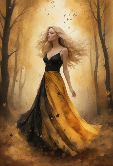 yellow and black, alcohol ink, scratched old paper, A blonde hair beautiful woman in a flowing dress inspired by black and yellow autumn leaves, surrounded by falling foliage in shades of amber, rust, and gold. Her hair is gently tousled by the wind, with leaves woven into it. She stands in a golden forest, bathed in soft, dappled sunlight. Painterly art style with rich brushstrokes, warm tones, and a dreamy, romantic atmosphere.