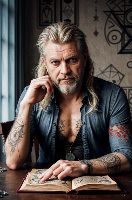best quality, masterpiece, (1man, muscular adult icelandic male:1.2),  grey-blue eyes, yellow hair, thin beard,  portrait, looking at viewer, solo, upper body, detailed background, close up, fortune teller,  smirk, sitting at table, colorful  gypsy fortune teller clothes, amulet, embroidery, crystal pendulum, , (tattered spellbook:1.3), whispers of the future, tent interior background,  tent curtains in background, mysterious lighting, foreboding occult atmosphere,  <lora:picxer_real:0.7> <lora:more_details:0.6>