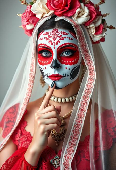 a woman with red and white makeup dia de los Muertos in the shape of skulls, wearing an elaborate headdress and veil holding her finger to lips, wearing ornate jewelry, full body shot, photorealistic, Delftware porcelain pattern skull style face painting,