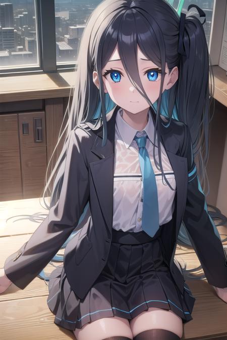 bluearchivearis, <lora:bluearchivearis-lora-nochekaiser:1>, 
aris, black hair, blue eyes, hair between eyes, halo, long hair, one side up, hair ribbon, (flat chest:1.2),
BREAK necktie, blue necktie, jacket, skirt, school uniform, white shirt, collared shirt, black skirt, white jacket, long sleeves,
BREAK looking at viewer, 
BREAK indoors, classroom,
BREAK <lyco:GoodHands-beta2:1>, (masterpiece:1.2), best quality, high resolution, unity 8k wallpaper, (illustration:0.8), (beautiful detailed eyes:1.6), extremely detailed face, perfect lighting, extremely detailed CG, (perfect hands, perfect anatomy),