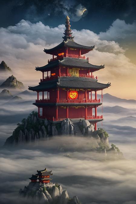 ancient Taoist temple floating above the clouds on a mountain peak, dragons carved in stone, glowing lanterns, magical mist, glowing sky, breathtaking heavenly view, ultra-detailed fantasy realism