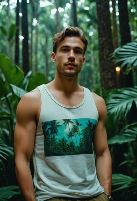 realistic photo, 1man, analog film photo, handsome wearing tank top, upper body, outdoor, 28yo, caucasian,  ultra realistic, highres, solo, american boy, tropical forest, chill vibe, masterpiece, best quality, night city, outdoors
