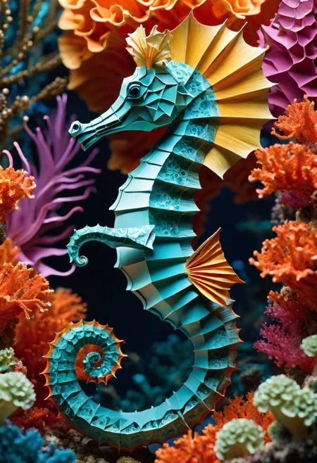 An exquisitely detailed portrait of a funny seahorse in laughter, loud laughter with Open mouth, in
a mandelbulb coral reef, meticulously crafted from origami-style folded origami paper. The delicate folds of the paper create a lifelike representation of the complex and mesmerizing mandelbulb shape. The background showcases an array of vibrant colors, reflecting the richness of the underwater world. The 64-megapixel soft focus adds depth and dimension to the delicate, intricate details of the papercraft, making it a truly awe-inspiring work of art.