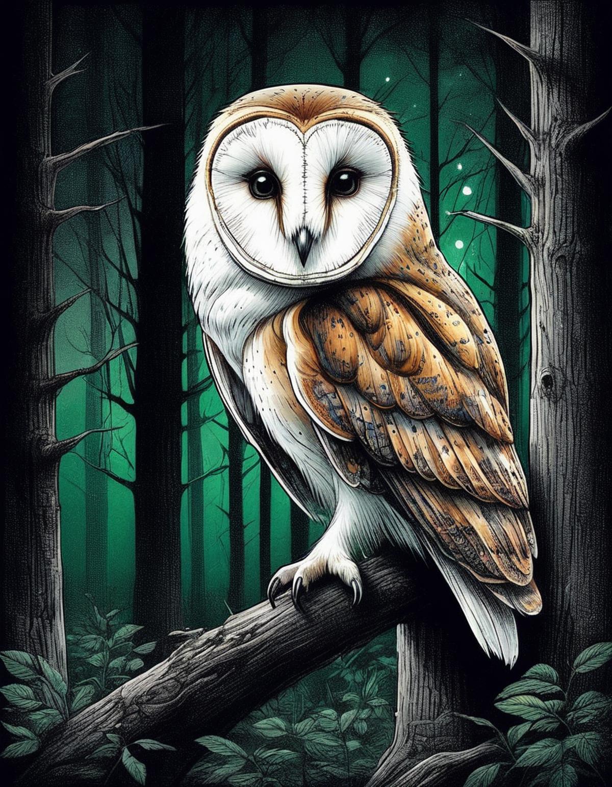 A large owl perched on a tree branch in a forest at night.