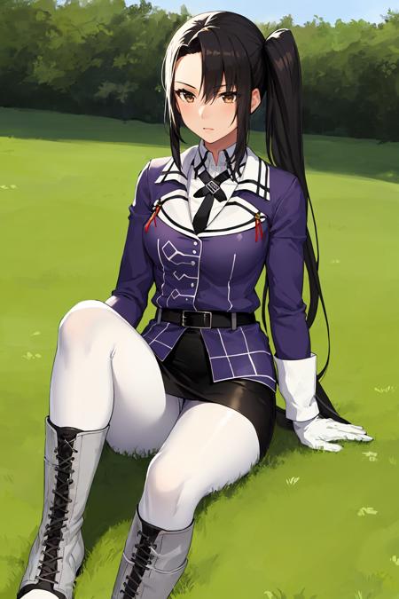 <lora:NachiKancolleV2:1>, 1girl, solo,
nachi \(kancolle\),
military uniform, purple jacket, collared shirt, white shirt, black necktie, white gloves, black belt, black skirt, miniskirt, pencil skirt, white pantyhose, knee boots, grey footwear,
outdoors, sitting,  on grass,