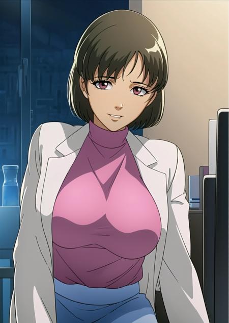 urotsukidoji researchgirl,
(solo:1.4),
1girl,brown hair, short hair, brown eye, sexy body,
(white long labcoat:1.4), (gray pencil skirt:1.3), (pink turtleneck:1.4), (parted bangs:1.4),long sleeves, 
relaxed expression, standing, smile, tilted head, parted lips,^^,
indoors, (night:1.4), laboratory,
portrait,
(masterpiece:1.4), (best quality:1.4),
professional artwork, intricate details, vivid colors, Diffused lighting, digital blending, ultra detailed body, ultra detail hair, ultra detail face,
<lora:urotsukidoji_researchgirl_ver5-10:0.8>