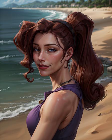 1girl, face portrait of megara, evil smile, half-closed eyes, hairband, dress, beach, sand, sea, looking at viewer, volumetric lighting, best quality, masterpiece, realistic  <lora:sxz-megara-allnew:0.8>