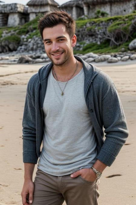 raw photo, (5 foot 10 inch 24yo skinny male:1.1), accessories, realistic skin texture, (red:0.8), warm lighting, cosy atmosphere, instagram style, onlyfans, looking at camera seductively, casual, candid, daytime shot on a beach in tulum, authentic happy face, beautiful anatomy, 4k, beautiful face, sfw, beautiful hands and fingers, tailored clothing, dating profile picture