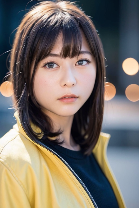 1girl,(wearing a yellow jacket with ribbons),(RAW photo, best quality), (realistic, photo-realistic:1.4), masterpiece, an extremely delicate and beautiful, extremely detailed, 2k wallpaper, Amazing, finely detail, extremely detailed CG unity 8k wallpaper, ultra-detailed, highres, soft light, beautiful detailed girl, extremely detailed eyes and face, beautiful detailed nose, beautiful detailed eyes,cinematic lighting,city lights at night,perfect anatomy,